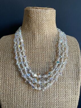 Vintage 3 Strand Aurora Borealis crystal Necklace .